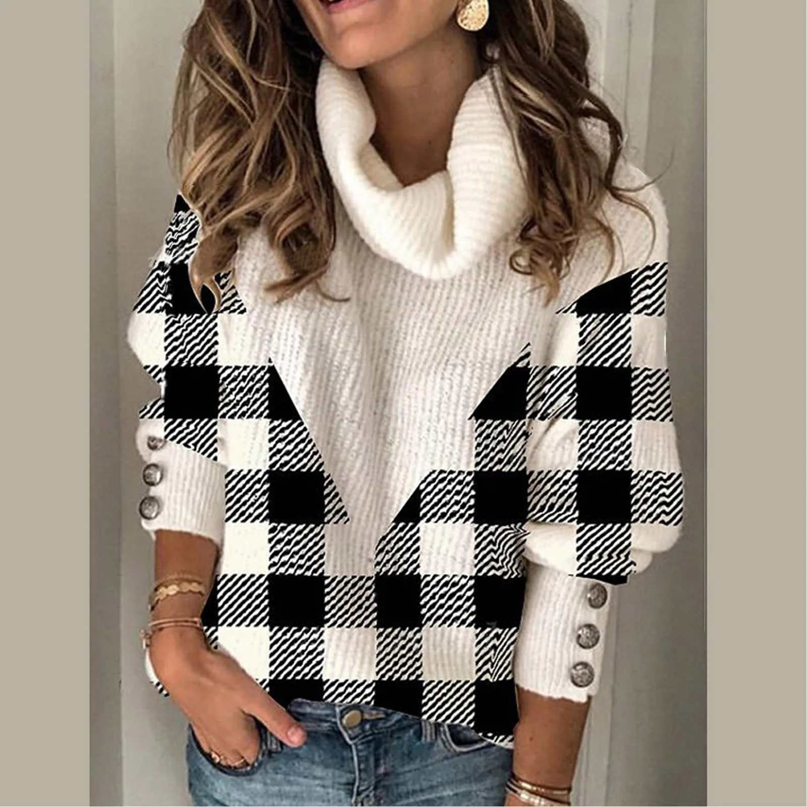 

Women Fashoin Print Patchwork Long Sleeves Turtleneck Women Winter Sweaters Pullover Mens Hoodies Textu Wool Sweater Pullover