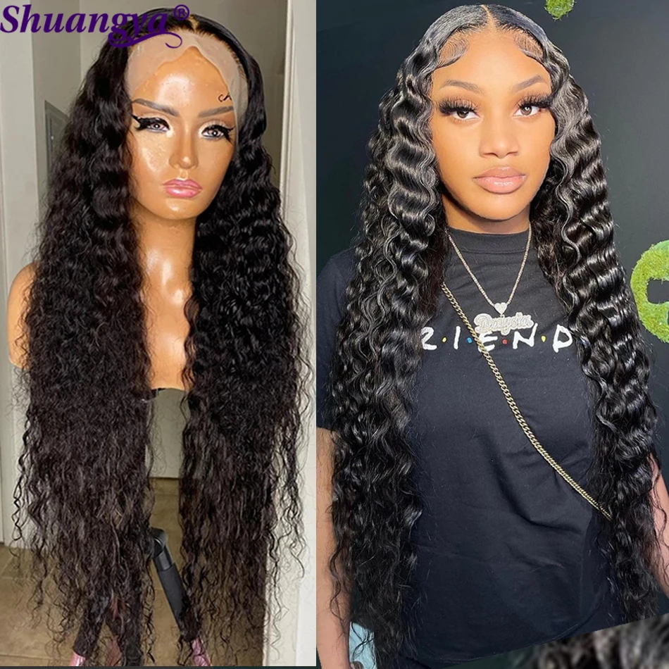 Loose Deep Wave Lace Closure Wig Brazilian Human Hair Lace Wigs for Black Women Transparent T Part Curly Human Hair Wig Shuangya