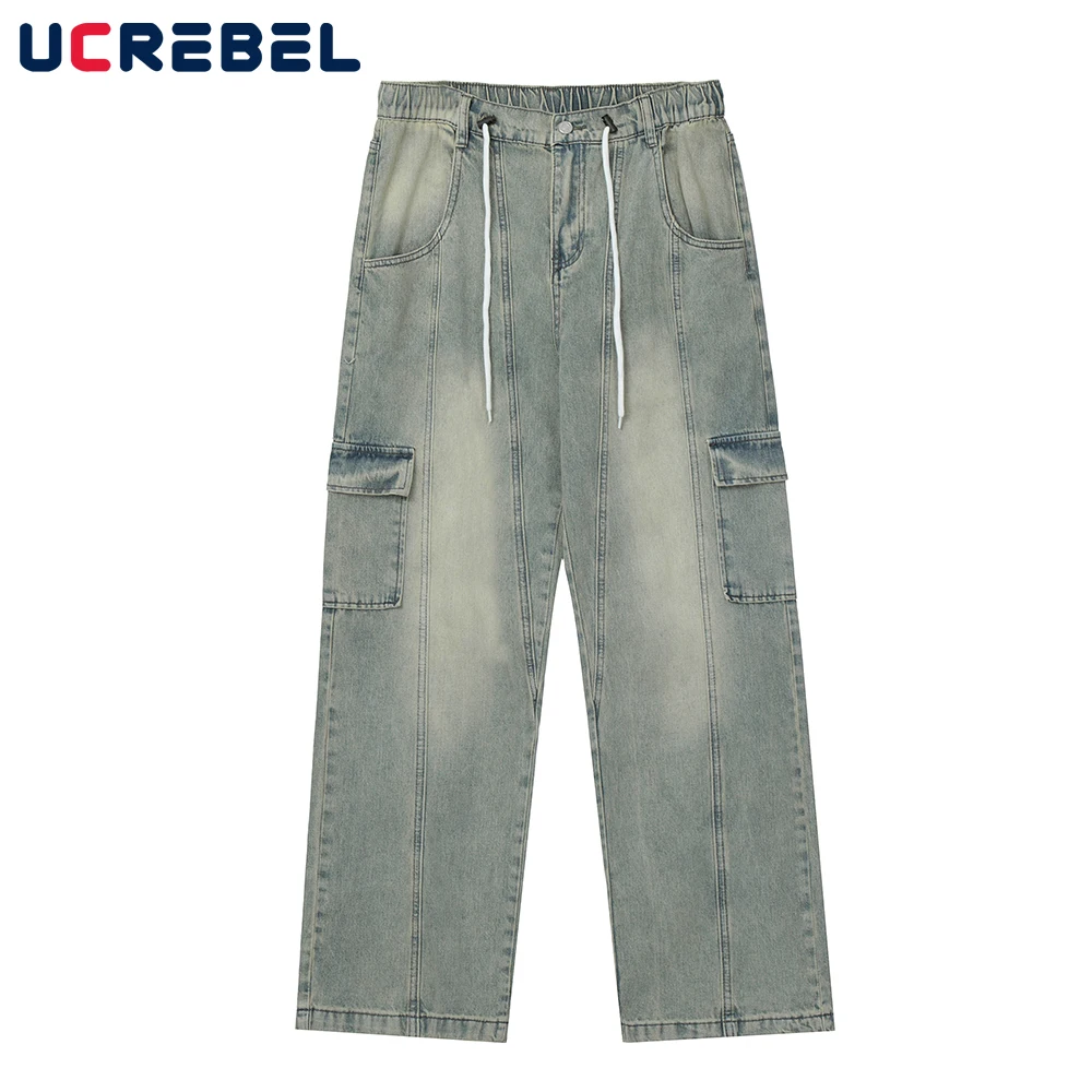 

Retro Distressed Jeans Mens Washed Wide Leg Pants Drawstring Elastic Waist Loose Straight-leg Pants Men Multi-Pocket Denim Pants