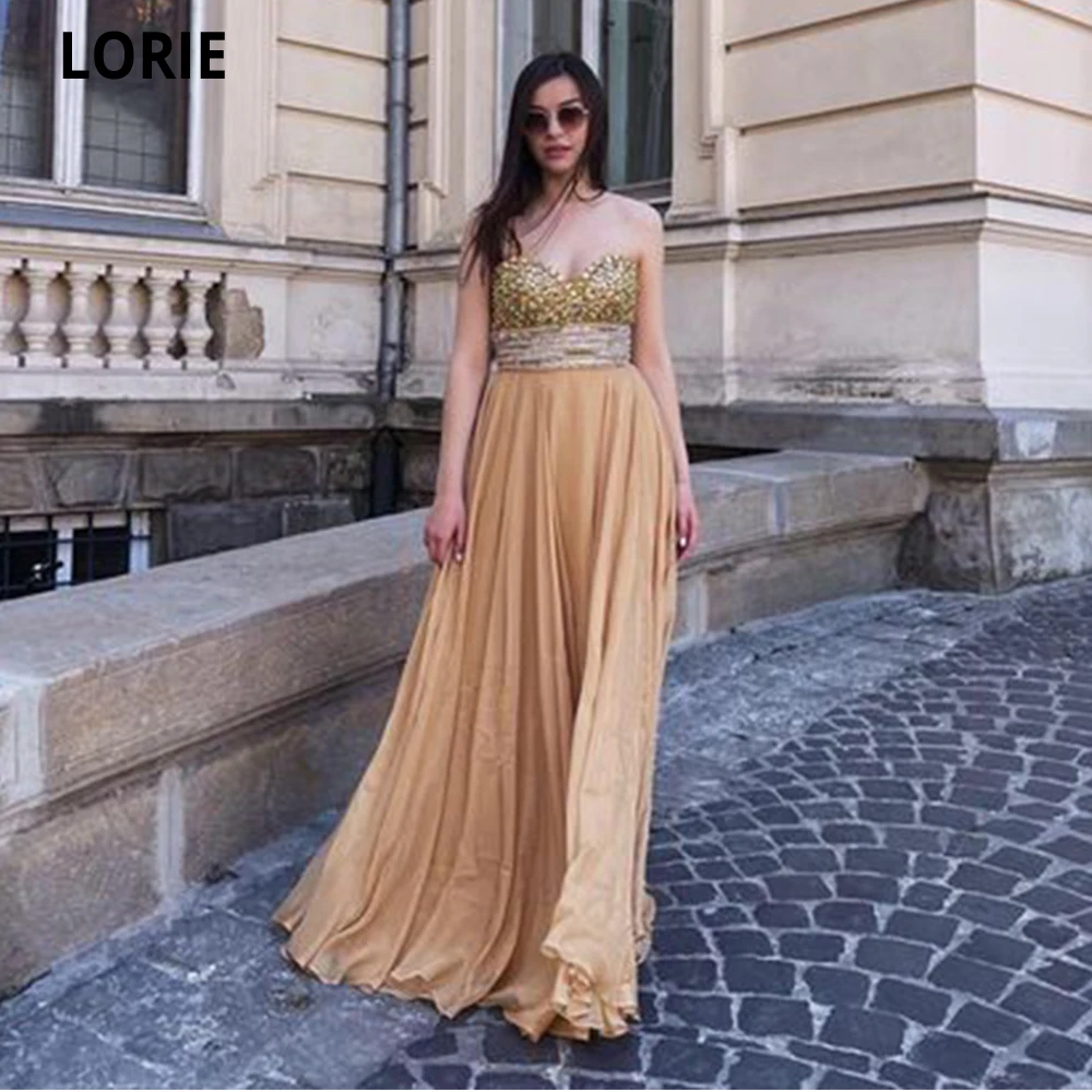 

LORIE Gold Chiffon A-line Formal Evening Dresses Sweetheart Sleeveless Party Club Gowns Prom Dress Vestidos Robe Soirée Femme