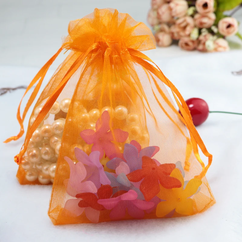

150 pcs/batch Orange Drawstring Organza Bag Wedding Candy Jewelry Packaging Display Beautiful Gift Bag 9x12cm