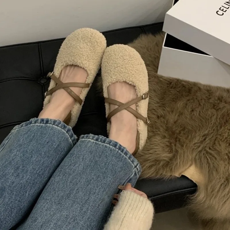 

Fashion Round Toe Wool Ballet Flats Ladies Brand Design Fur Mary Jane Shoes Woman Winter Warm Plush Loafers Mujer