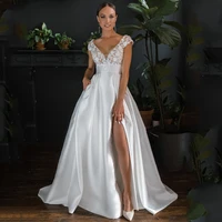 satin v neck hy175 wedding dress for women backless floor length charming side slit elegant bridal gowns vestidos de novia