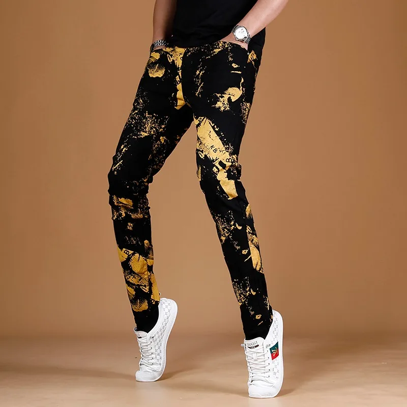 Black Jeans Men Summer Fashion Golden Printed Pants Streetwear Casual Straight Slim Fit Denim Trousers
