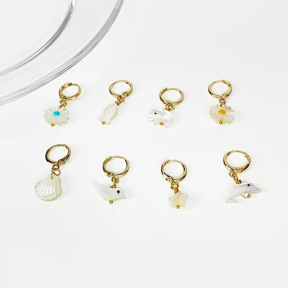 

ALLNEWME Kawail Multiple Bird Elephant Dolphin Daisy Fish Huggie Earring for Women Flower Star Animal White Shell Hoop Earrings