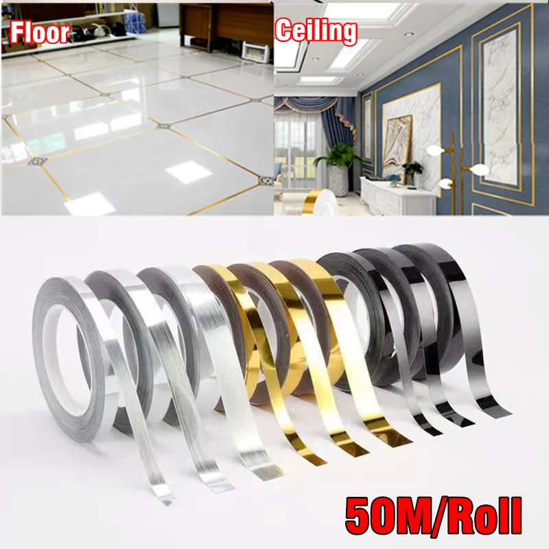 50M Meter Home Decor Tile Gap Sealing Foil Tape Waterproof Gold Silver DIY Copper Foil Strip Wall Sticker Floor Seam Stickers