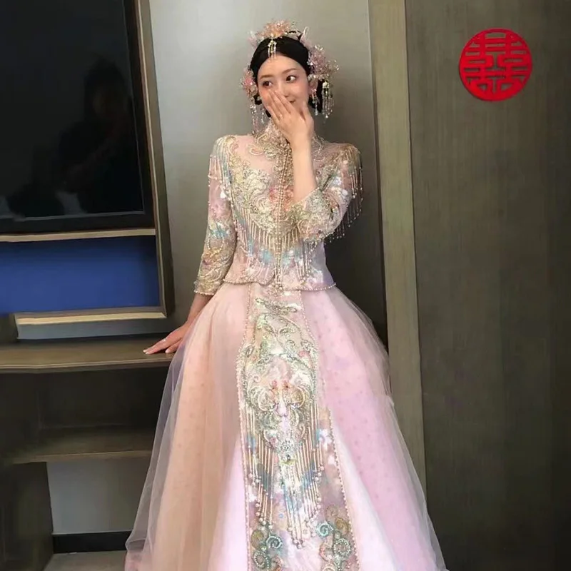 

Bride Chinese Wedding Dress Dress Slim-Fit Dragon and Phoenix Gown Spring Pink Xiuhe Clothing