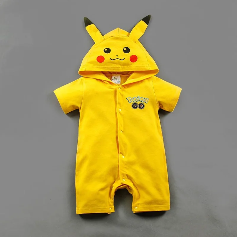 

0-1 Years Old Baby Clothes Short Sleeve Hooded Pokémon Cartoon Character Pikachu Cute Pattern Baby Clothes Summer Cool Jumpsuit