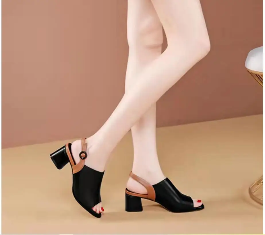 Women Shoes Genuine Leather High Heels Open Toe Back Strap Black Write Office Ladies Fashion Plus Size Summer Party Shoes