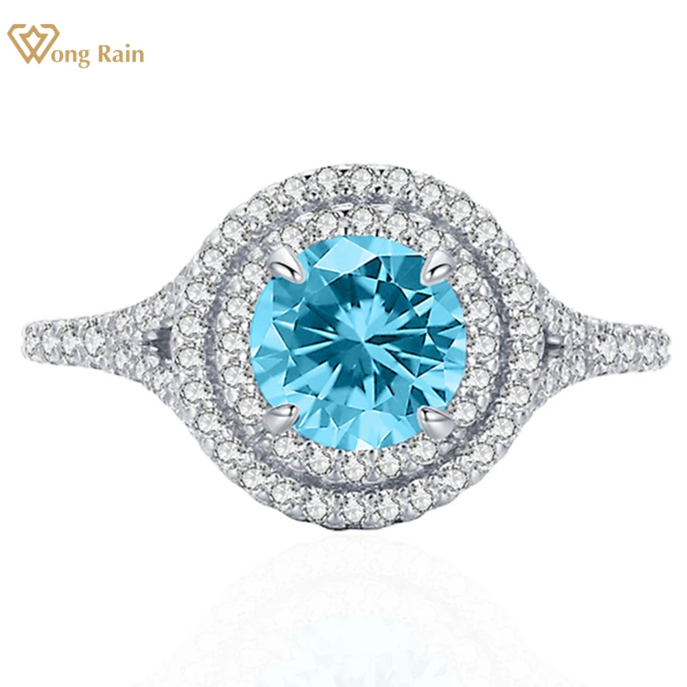 

Wong Rain 100% 925 Sterling Silver 6.5 MM Lab Sapphire Aquamarine Gemstone Fine Ring for Women Engagement Jewelry Wedding Gifts