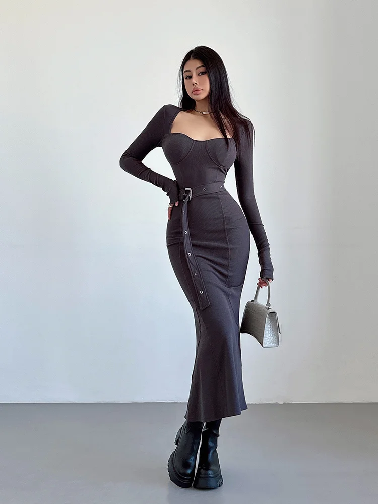 Женский квадратный корсет в рубчик с длинным рукавом и мягким поясом