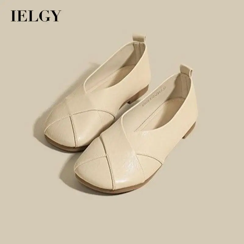 

IELGY women's round flat soft sole simple leather shoes