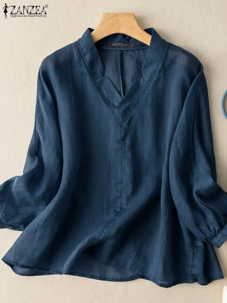 

Женские Мешковатые однотонные топы, туника, рубашки оверсайз с длинным рукавом ZANZEA 2022, весна-лето, блузка с V-образным вырезом, винтажные сво...