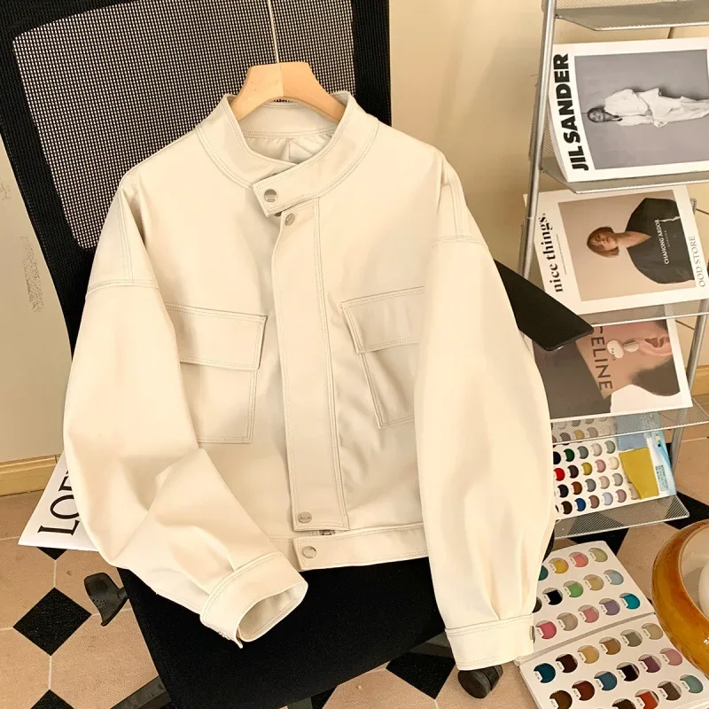 American Style Loose-Fit Vintage Cropped Leather Jacket For Women Spring 2024 New Casual Korean Version Clothing