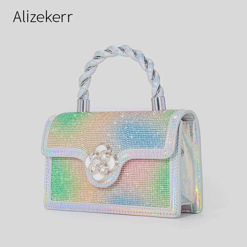 

Fashion Plaid Rhinestone Handbags For Women 2022 New Luxury Color Crystal Shoulder Messenger Bags Boutique Clutch Purse Trending