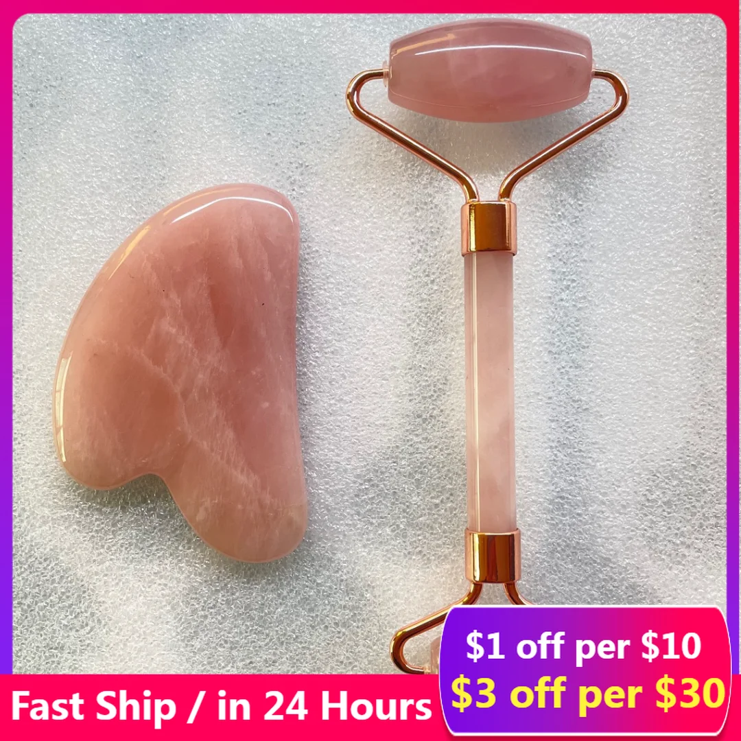 

Rose Quartz Natural Jade Roller Gua Sha Scraper Set Facial Roller Massager for Face Body Neck Lifting Tighten Slimming Skin Care