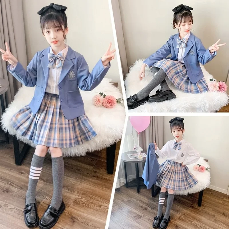 

Униформа японская школьная для девочек, комплект из трех предметов, униформа для детей темно-синего цвета, Матросская блузка, плиссированная юбка, Студенческая одежда для подростков