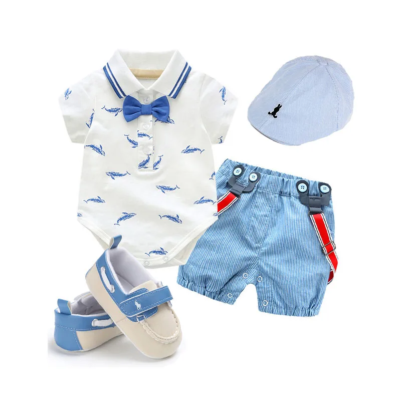 Baby Boy Clothes  Shark Outfit for  Summer Short Sleeve Romper with Suspender Shorts s First Birthday Photograph