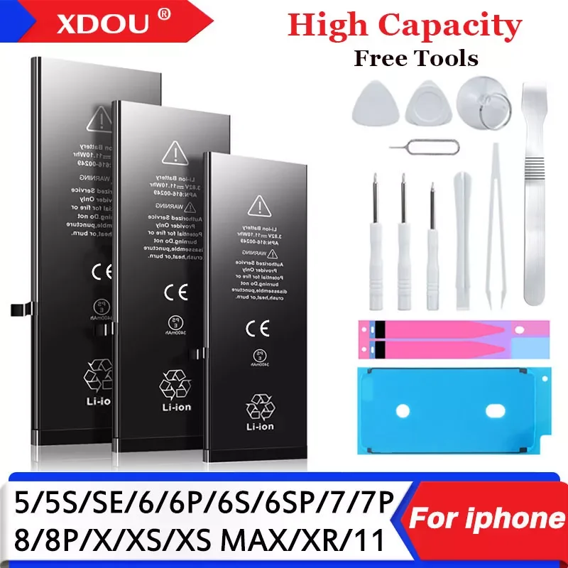 

High Capacity 0 Cycle Battery for IPhone 5 6 6S 5S 6P 6SP SE 7 8 Plus X XR XS 11 Pro Max Bateria Free Tools Adhesive Tape 2023