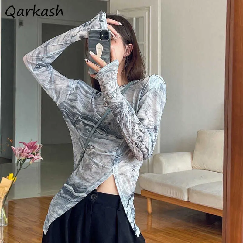 

T-shirts Women Summer Retro Slim Side-slit Irregular Fashion Tie-dye Basic Camisetas Harajuku Sun-proof Street Style Soft O-neck