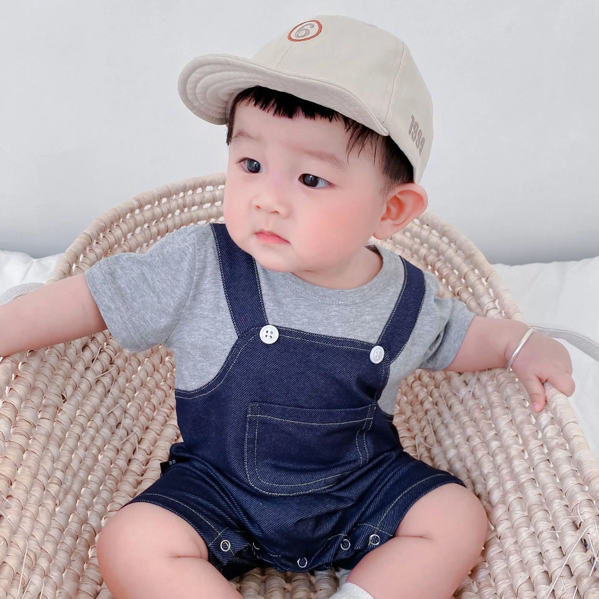 

Детское джинсовое боди, Летний комбинезон для новорожденных мальчиков с коротким рукавом, джинсовый комбинезон для младенцев