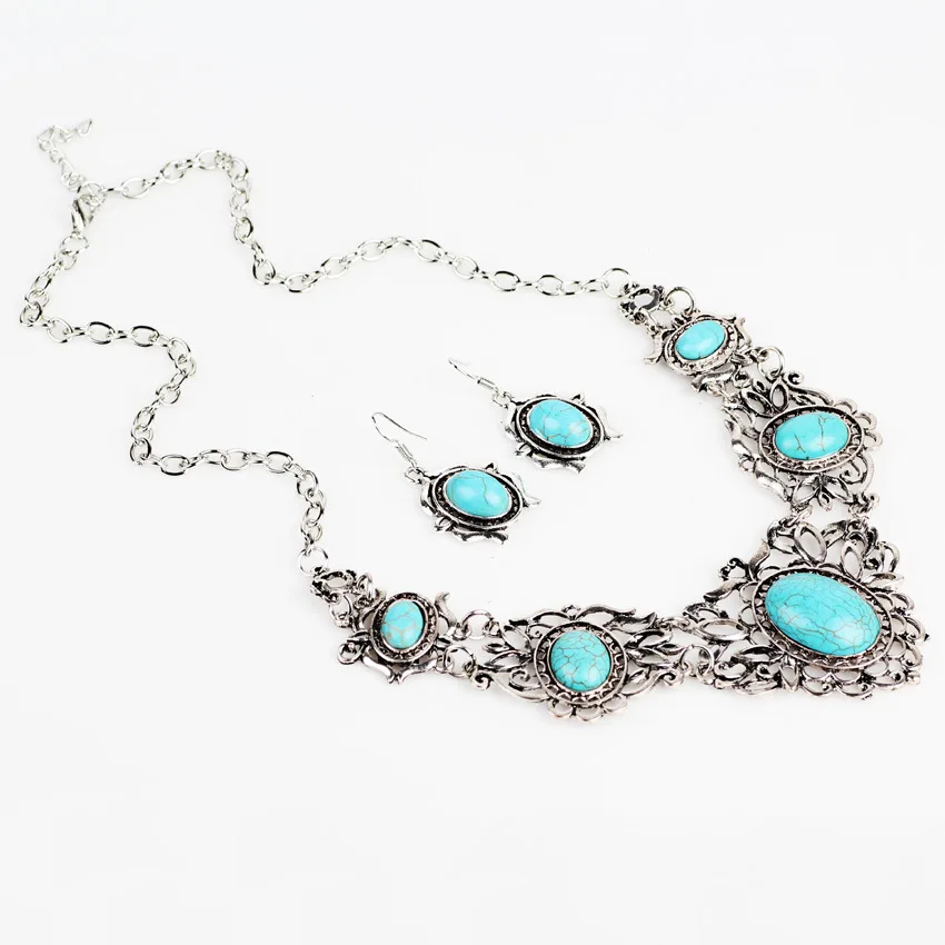 

European and American Cross-border Ethnic Style Jewelry Set Bohemian Turquoise Inlaid Necklace Earrings Set Girl Gift кольца