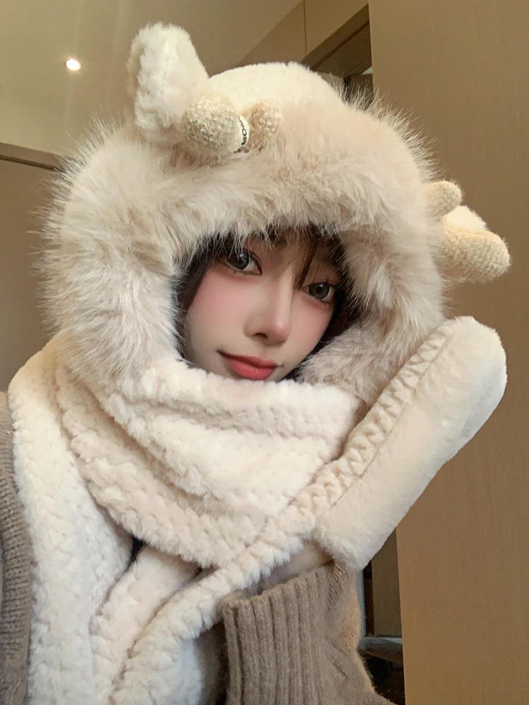 Cute Plush Hat Scarf Integrated Women Winter 2024 New Cycling Warm Gloves Three-Piece Set