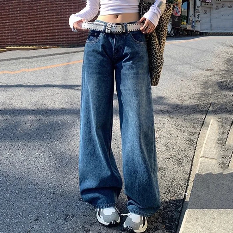 Harajuku Y2K Синие мешковатые джинсы для женщин Уличная одежда Ретро Джинсовые брюки с