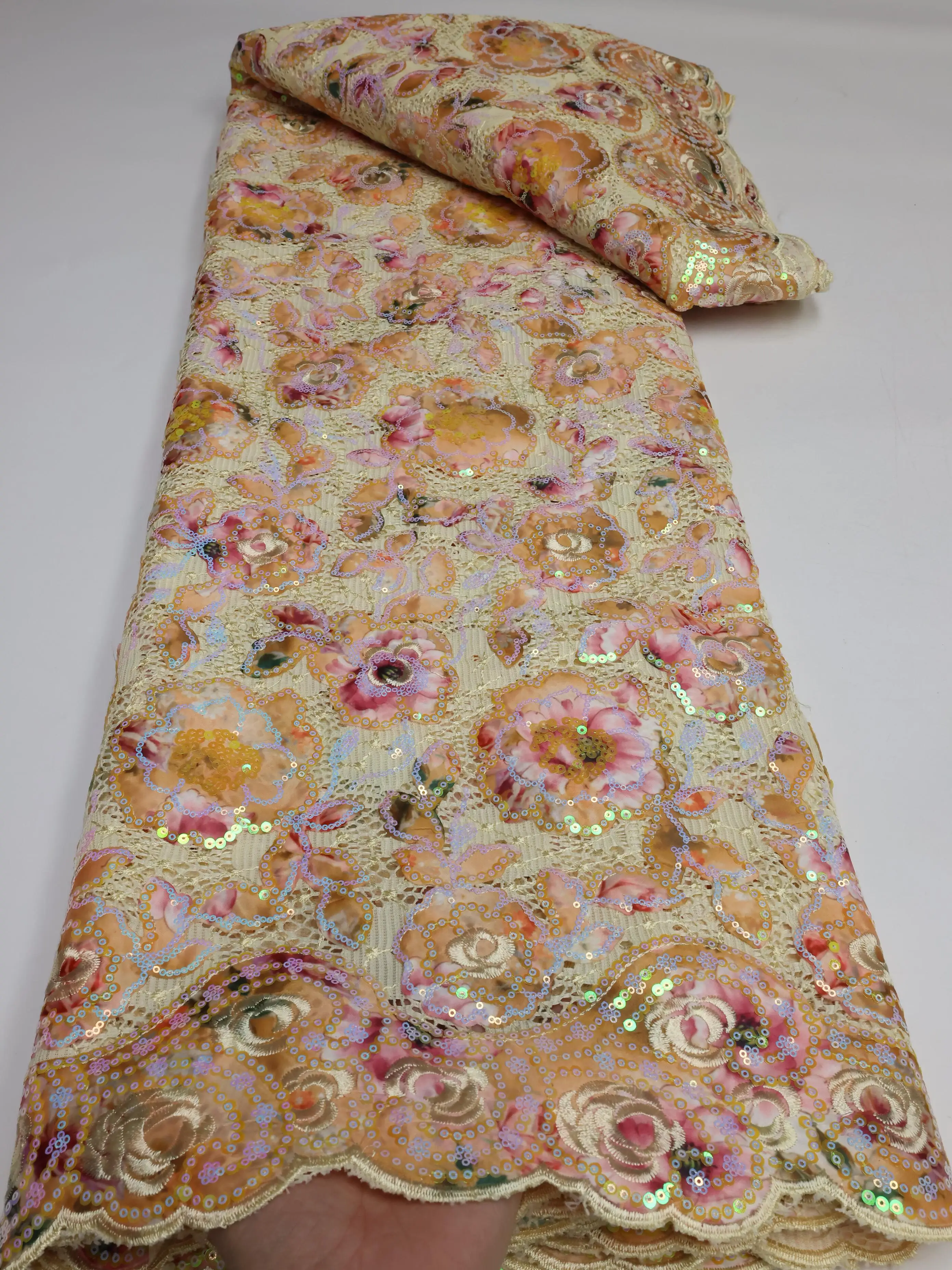 

NI.AI 2022 African Luxury Flocking Sequence Lace Fabric 5 Yards High Quality French Tulle Sequins Nigerian Asoebi Lace for Dress