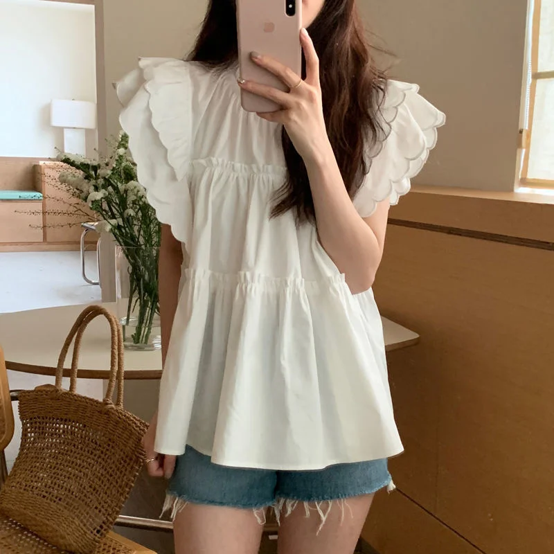 

Korean Style Design French Sweet Flying Sleeves Pleated Blouses Summer 2022 Stitched White Baby Shirt Womens Shirts Y2k Clothes