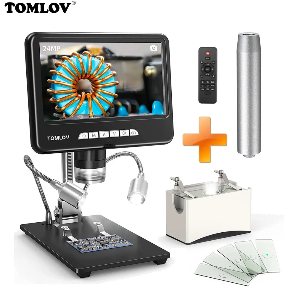 

TOMLOV DM401 Digital HDMI Microscope Camera 1200X 7" Monitor for Soldering Phone Repair Coin View Buttom Light Source Slides Kit
