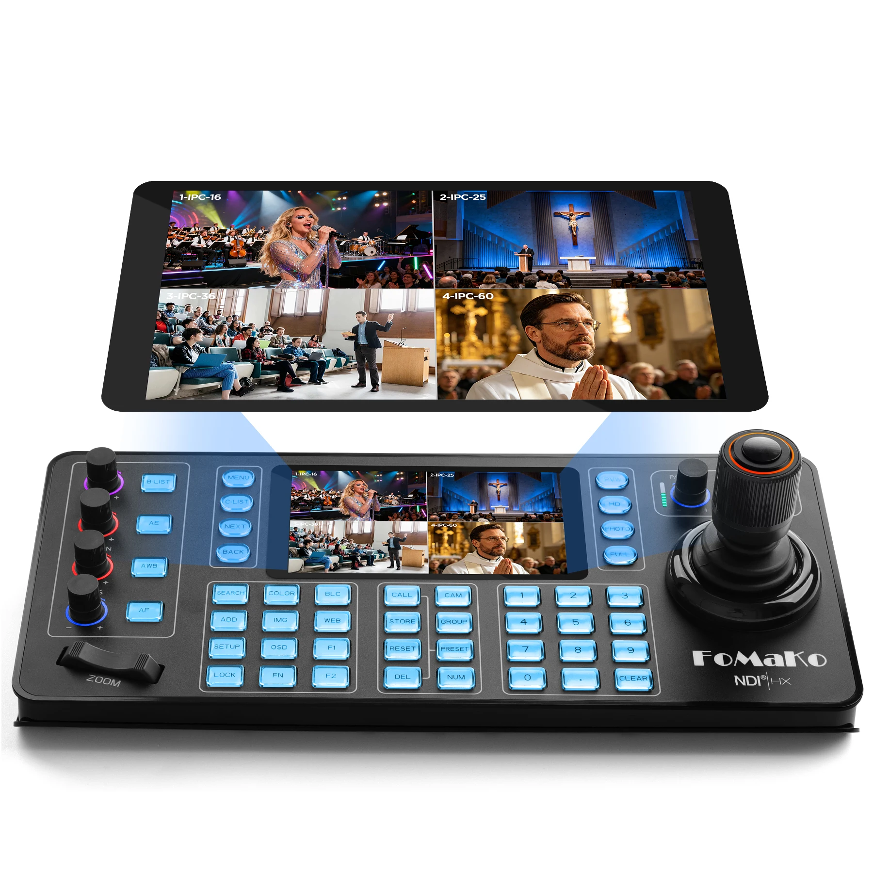 Фото Контроллер PTZ-камеры KC608N NDI, четырехэкранный 4K мультиканальный мониторинг, 5,5-дюймовый емкостный сенсорный экран, 4D джойстик Hall, PoE, NDI HX №1