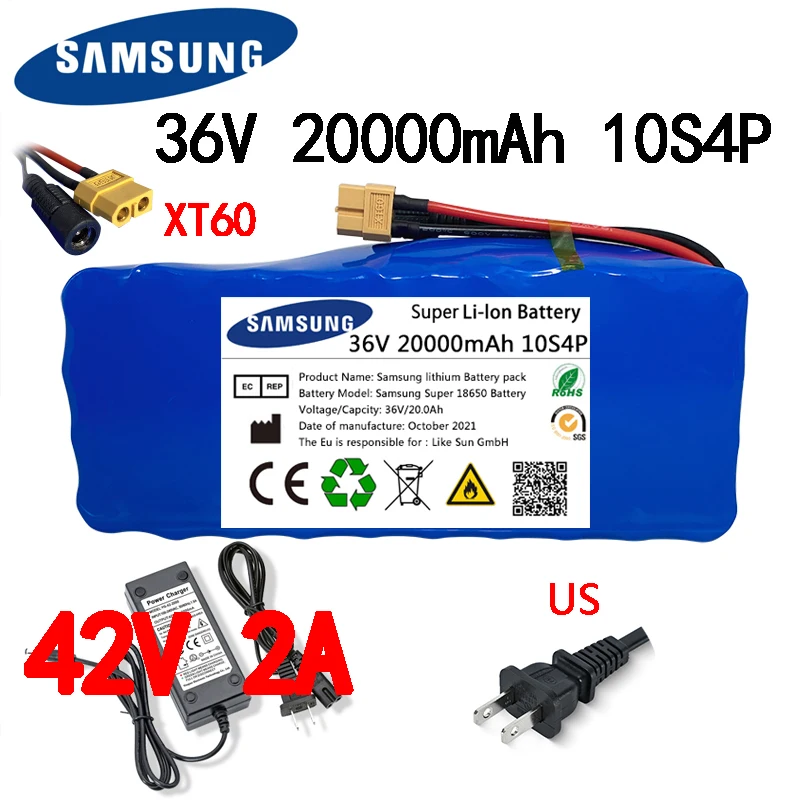 

100% Original 36V Battery 10S4P 20Ah Battery Pack 500W High Power Battery 42V 20000mAh Ebike Electric Bike BMS+42V2A Charger