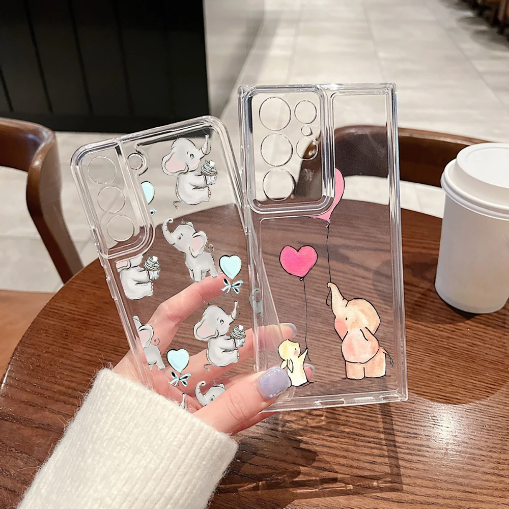 

Cartoon Cute Elephant Phone Case For Samsung Galaxy S21 FE S22 Plus Cases For Galaxy S23 Ultra S22Ultra Transparent Soft Cover