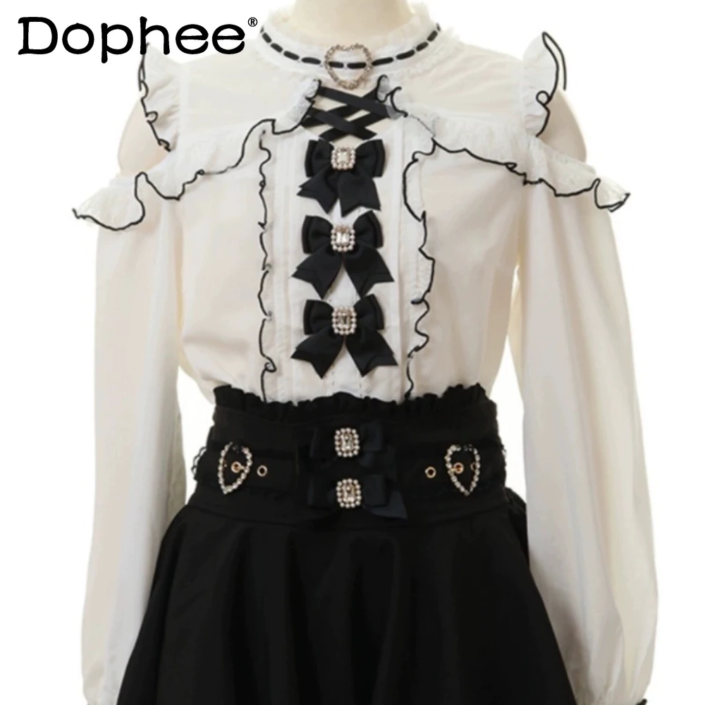 

2023 Lolita Japanese Style Blouse Single-breasted Sweet and Cute Girl Mine off-Shoulder Bowknot Shirt Tops Mujer Blusas Clothes