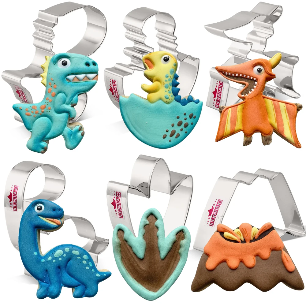 

KENIAO Dinosaur Cookie Cutter Set - 6 PC - T-Rex,Brontosaurus,Dinosaur Foot,Pterosaur, Volcano and Dino in Egg - Stainless Steel