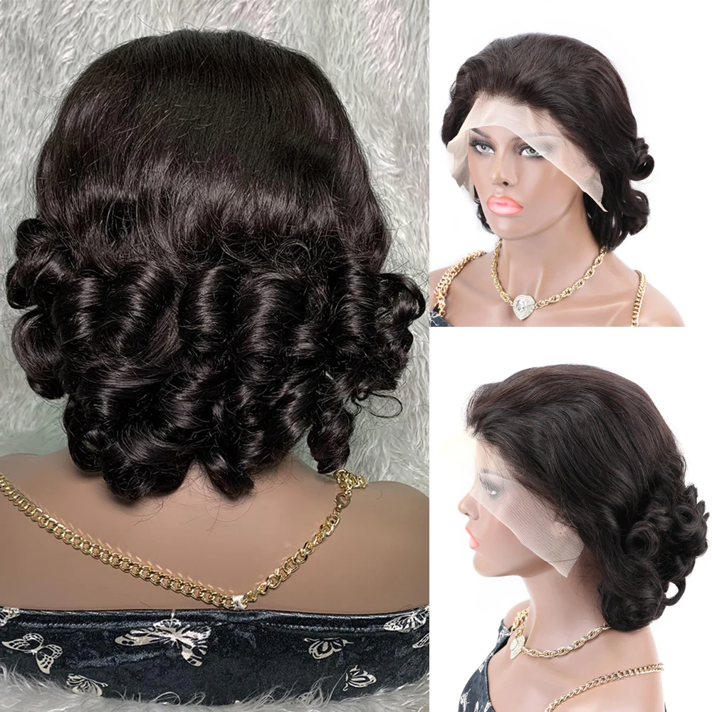 Retro Loose Curly Human Hair Wig Brazilian Remy Spiral Bouncy Curly Wig Short Curly Bob Lace Frontal Human Hair Wigs for Women