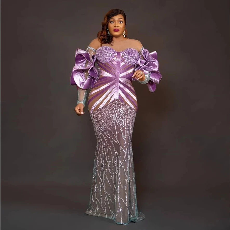 

Фиолетовое платье-Русалка Aso Ebi, роскошное вечернее платье с оборками и бисером, платье для выпускного вечера, платье в африканском стиле с бусинами