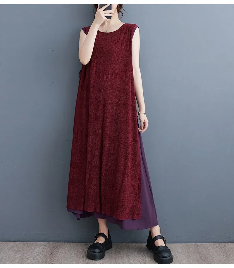 Женское разноцветное свободное платье без рукавов с круглым вырезом модное