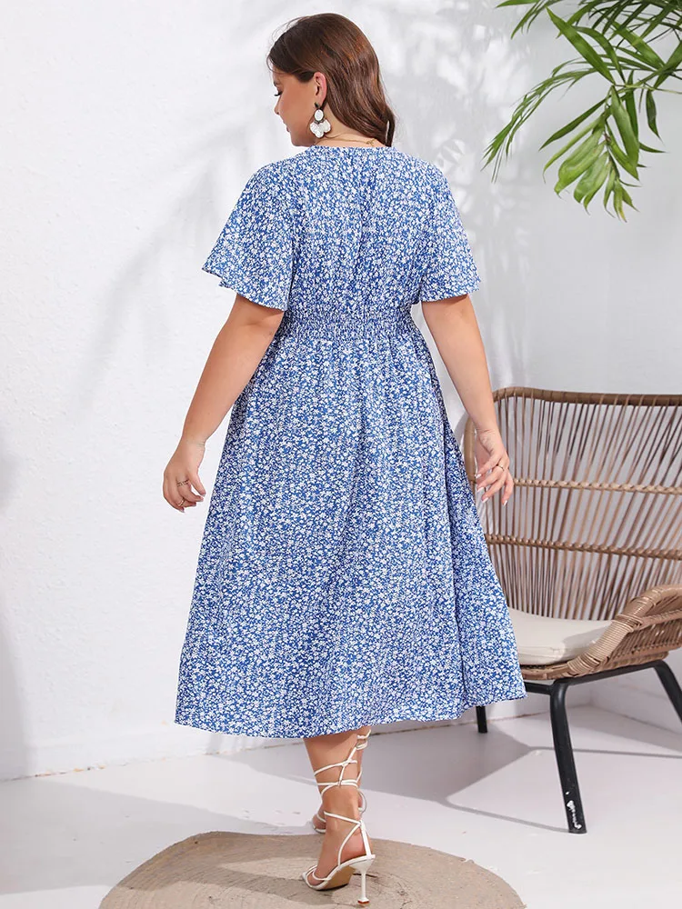 Plus Size Summer Dresses for Women 2023 Ladies Elegant Short Sleeve V Neck Blue Floral Midi Dress Casual Party Dresses Clothing