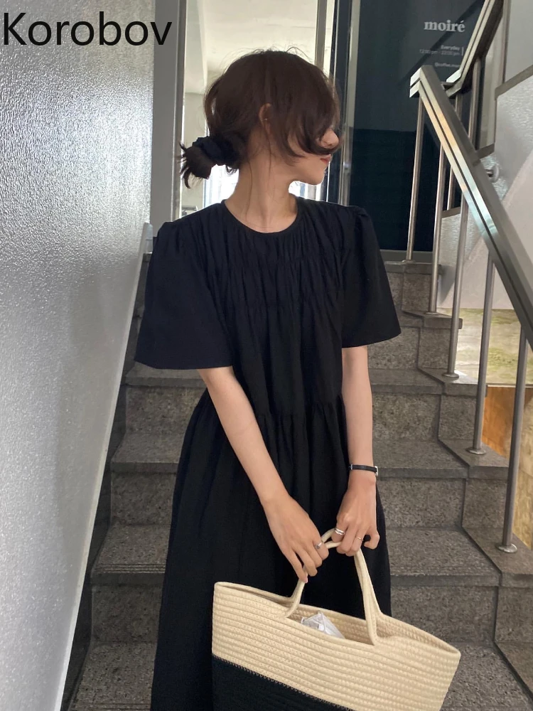 

Korobov Chic Vintage French Gentle Simple Temperament Crew Neck Wrinkle High Waist Thin Dress Summer Solid Color Vestidos Mujer