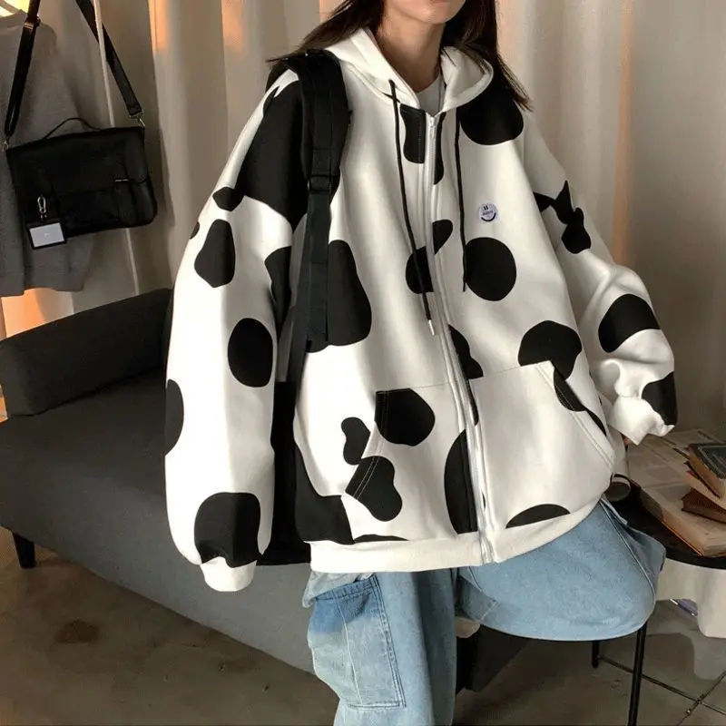 

Deeptown Harajuku Cow Printing Women's Sweatshirt Streetwear Oversized Zipper Hoodies Couple Casual Clothes Baggy Korean Fashion
