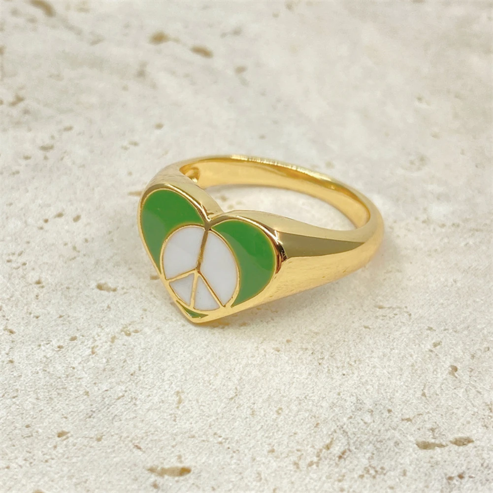 

Fashion Green Heart Love And Peace Ring Gold Plated Silver Ring Suitable For Young Women And Girls Party Jewelry Gift