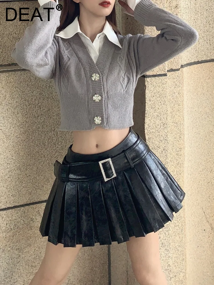 

Женский кардиган из ПУ кожи DEAT, облегающий трикотажный кардиган в стиле пэчворк с лацканами, плиссированная черная юбка с поясом, 17A5153, 2023