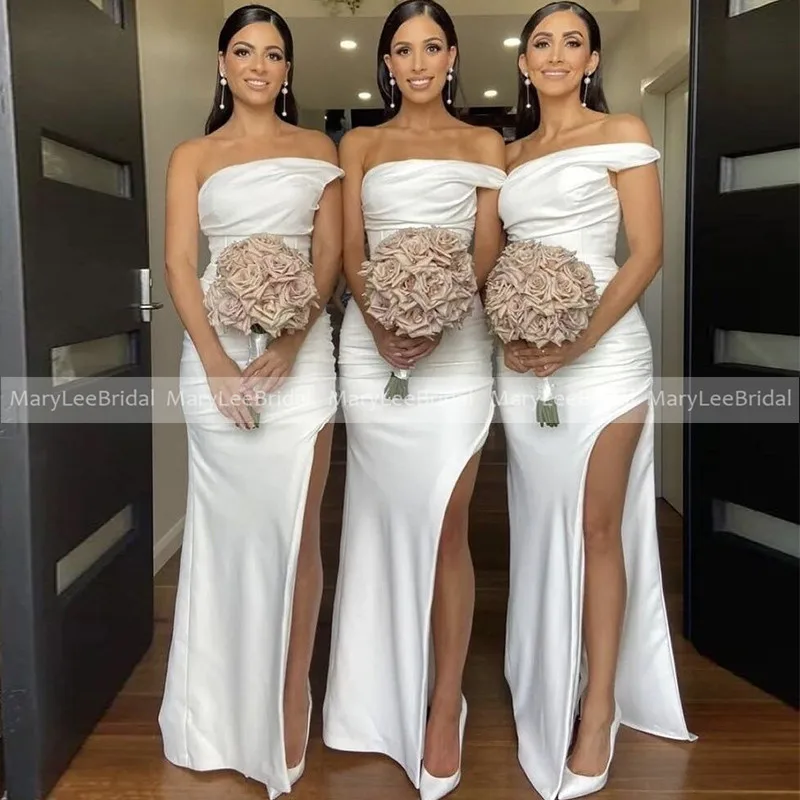 

White One Shoulder Bridesmaid Dresses Long Pleat Satin 2022 Sexy High Side Split Wedding Guest Dress robe de soirée de mariage