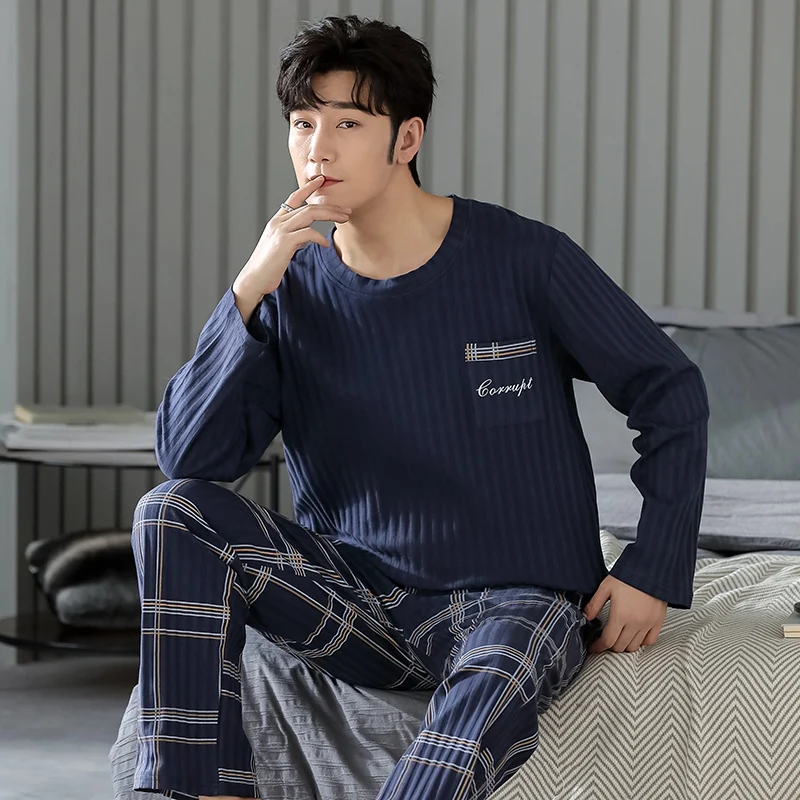 2022 New Autumn Plus Size Long Sleeve Cotton Pajama Sets for Men Korean Casual Plaid Sleepwear Pyjama Male Homewear Home Clothes