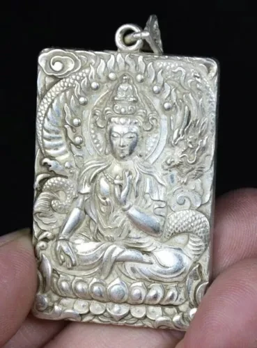 5 см старый китайский Мяо серебряный фэн-шуй Гуань Инь Кван-инь дракон амулет