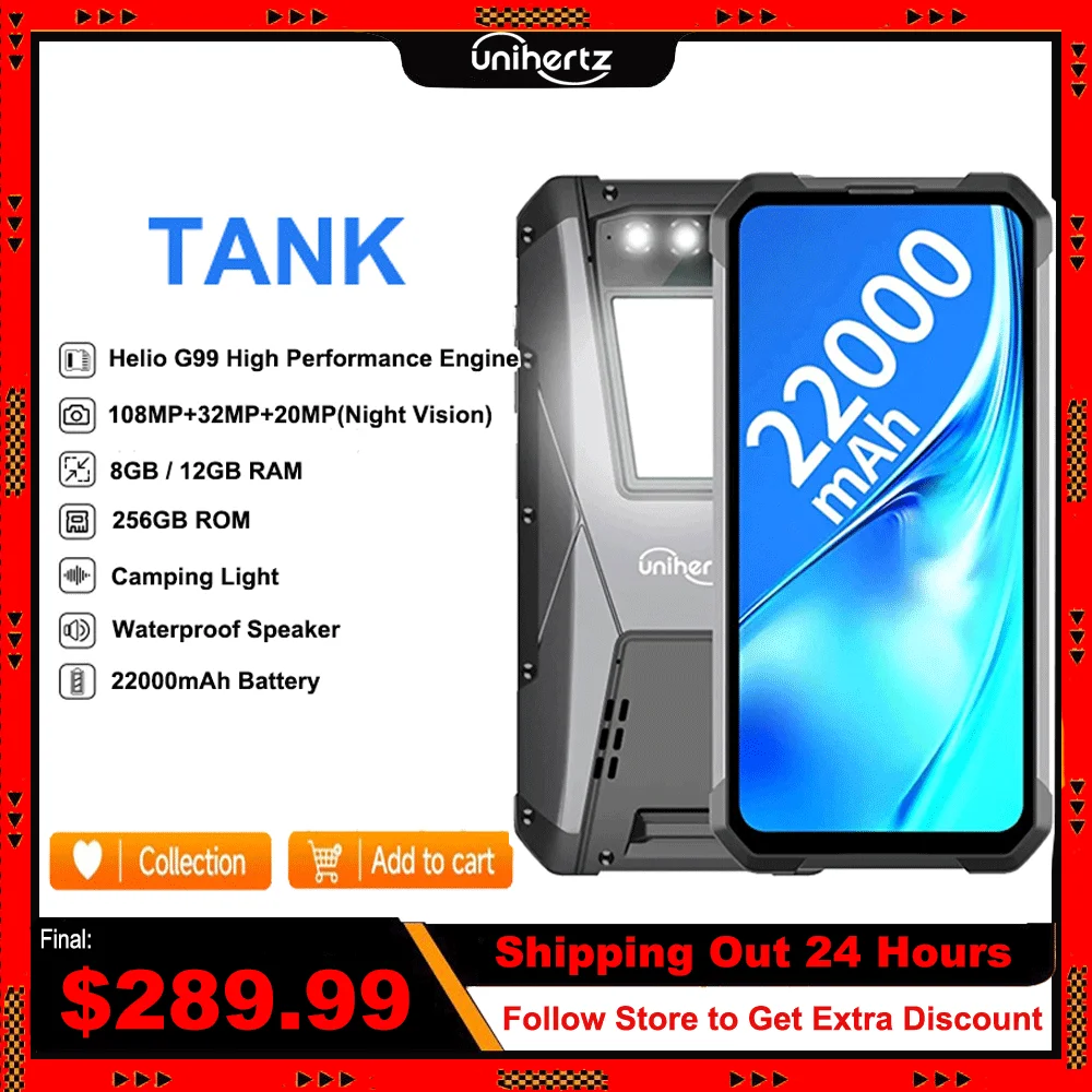 Unihertz TANK Rugged Night Vision Smartphone, Cell Phone, Mobile Phone, 22000 mAh, 8GB, 256GB, 108M Camera, 66W PD, Helio G99