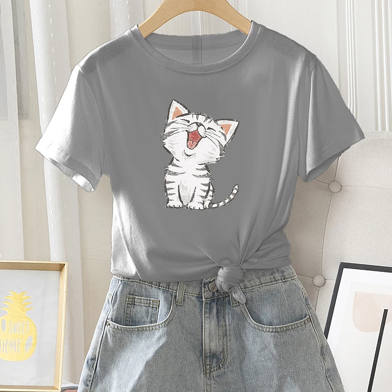 

Fashion Casual Short Sleeve Daily Summer Regular Women T-shirt Little Cat Print Female Graphic Kawaii Streetwear O-Neck Tee Tops