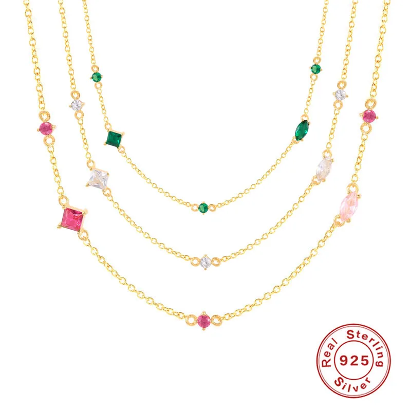 

CANNER Colorful Zircon Thin Chain Necklace For Women Wedding Anniversary Jewelry Accessories 925 Silver Choker Clavicle collares